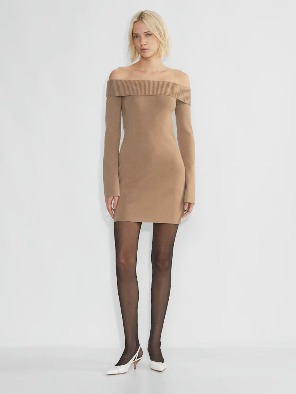 Aritzia Sunday Best Firebird Off-Shoulder Knit Mini Dress Camel Bodycon | Size X